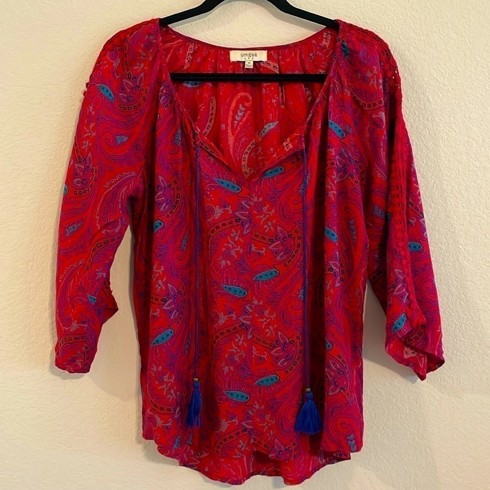 Umgee Women’s Tunic Top Medium Red Boho Paisley Floral Longline Peasant
